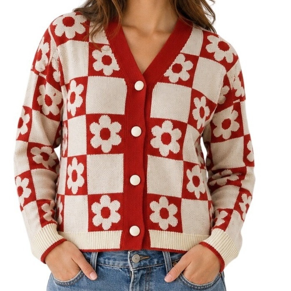 By Together Red Cream Floral Checkerboard Cardigan Women's Small